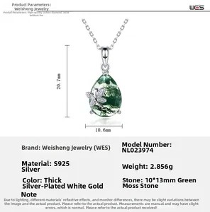 Macro detail of S925 silver butterfly necklace featuring water moss agate with dimensions