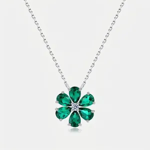 925 Sterling Silver Lab-Grown Emerald Flower Pendant Only Without Chain For Women Elegant Gemstone Floral Jewelry Gift