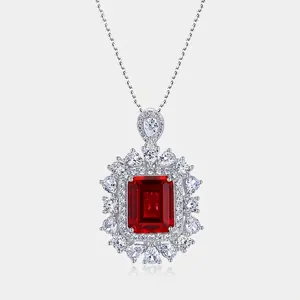 Luxury 925 Sterling Silver Pendant Necklace For Women Elegant Created Ruby Halo Created Sapphire Square Pendant Chain Fashion Jewelry Gift