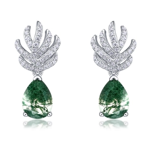 Elegant S925 silver pear-shaped moss agate earrings with sparkling leaf design accent