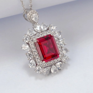 Luxurious S925 silver necklace with rectangle ruby pendant and halo of white gems