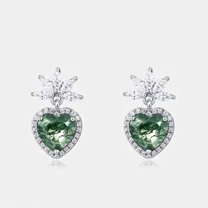Boucles d'Oreilles Clous en Argent Sterling S925 Cœur Agate Mousse pour Femmes Vert Agate Herbe Eau Zirconia Bijoux Cadeau