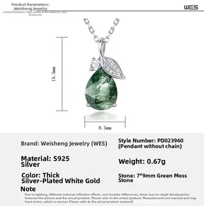Detail view of water-drop green moss agate pendant in S925 silver with dimensions