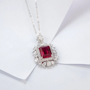 Elegant S925 sterling silver necklace with rectangle ruby pendant and petal halo
