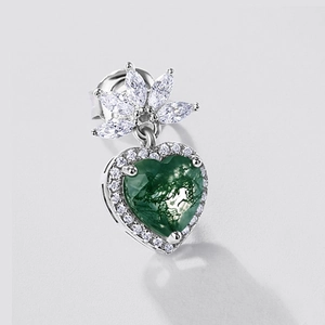 Boucles d'oreilles cœur en agate mousse argent S925 avec halo de diamants et détails de feuilles