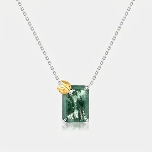 Natural Moss Agate 925 Sterling Silver Ladybug Pendant Necklace Elegant Geometric Rhinestone Inlaid Clavicle Chain For Women Jewelry