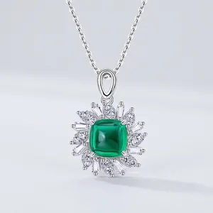 Luxurious 925 Sterling Silver Lab-Grown Emerald Pendant Necklace Rhinestone Halo Square Gemstone Vintage Jewelry Gift Women