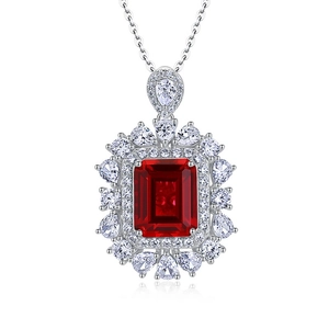 Luxury S925 silver necklace with rectangular red ruby pendant and halo of white diamonds