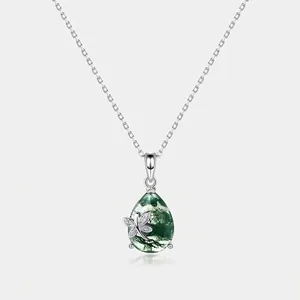 Vintage 925 Sterling Silver Moss Agate Pendant Necklace Elegant Dragonfly Water Drop Rhinestone Inlaid Jewelry For Women