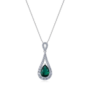 Élégant collier en argent S925 avec pendentif émeraude poire et halo de diamants brillants