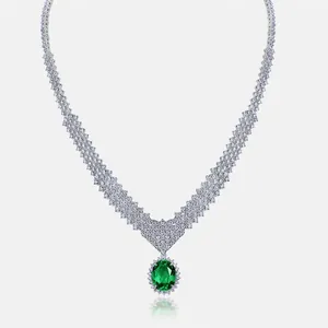 Luxury 925 Sterling Silver Necklace For Women Lab-grown Ruby Sapphire Emerald Pendant V-shaped Pave Rhinestone Jewelry Gift