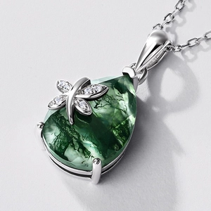 Green moss agate teardrop necklace with dragonfly silver detail and sparkling zircon