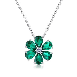 Floral S925 silver necklace with green pear-cut emerald gemstones in a flower pendant