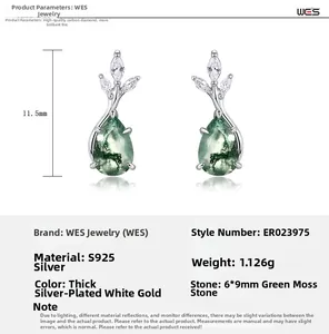 Macro detail of S925 silver water drop earrings featuring green moss agate stones