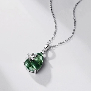 S925 sterling silver necklace with moss agate teardrop pendant and dragonfly accent