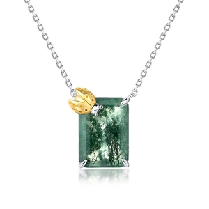 Elegant rectangular moss agate necklace with a small gold ladybug on S925 silver chain