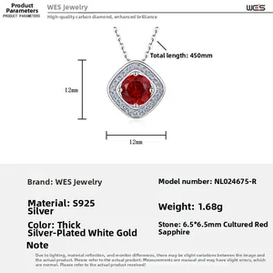 Detail view of S925 silver necklace featuring a 12mm halo square ruby pendant with dimensions