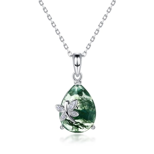 Vintage S925 silver necklace with pear-shaped moss agate pendant and dragonfly motif