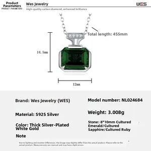Detailed S925 silver emerald necklace specs with 8x10mm lab-grown gemstone dimensions