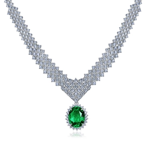 Luxurious S925 silver V-shaped necklace with green gemstone and micro-pave cubic zirconia