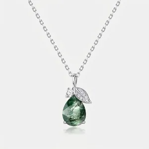 S925 Sterling Silver Natural Moss Agate Teardrop Pendant Necklace For Women Elegant Leaf Design Zirconia Inlaid Jewelry Gift