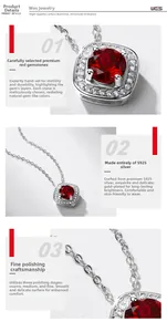Macro detail of a square-cut lab-ruby pendant in S925 silver with sparkling crystals