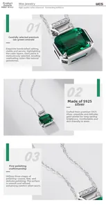 Macro detail of emerald-cut lab emerald necklace set in polished S925 silver with high carbon diamonds