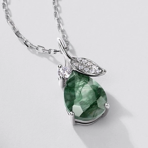 Natural green moss agate pear-shaped pendant with silver leaf design and zircon accents