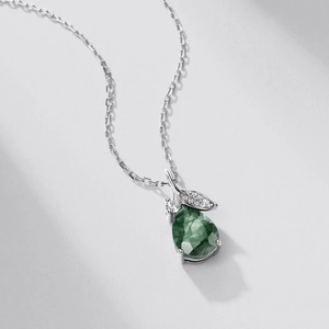 S925 silver necklace with a drop-shaped moss agate pendant and leaf-shaped diamond accents