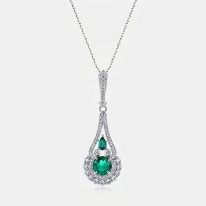 Retro 925 Sterlingsilber Laborgezüchteter Smaragd Anhänger Halskette Wassertropfen Strass Schlüsselbeinkette Damen Schmuck