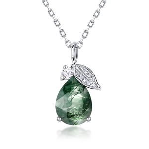 S925 silver water drop necklace with natural green moss agate and leaf pendant