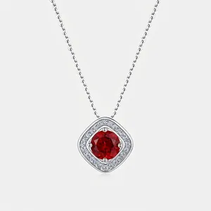 Luxury S925 Sterling Silver Lab-Grown Ruby Necklace For Women Square Halo Zirconia Pendant Clavicle Chain Jewelry Gift