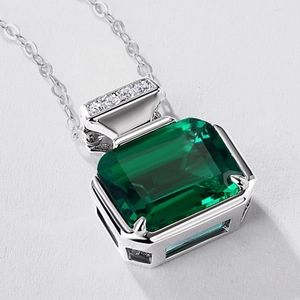 Emerald cut green gemstone necklace in S925 sterling silver with sparkling accents