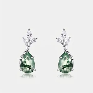 925 Sterling Silver Moss Agate Stud Earrings Natural Green Teardrop Gemstone Zirconia Leaf Inlaid Earrings For Women Jewelry