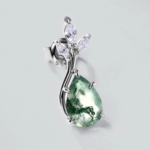 S925 sterling silver moss agate stud earrings with water drop design and zircon leaves