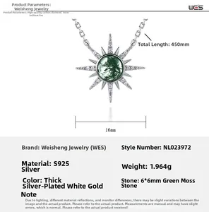 Macro detail of S925 sterling silver starburst pendant with natural green moss agate stone
