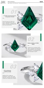 Macro detail of kite-cut lab emerald with side stones on a S925 silver band
