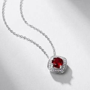 Luxurious S925 silver necklace with square halo ruby pendant and white zircon accents