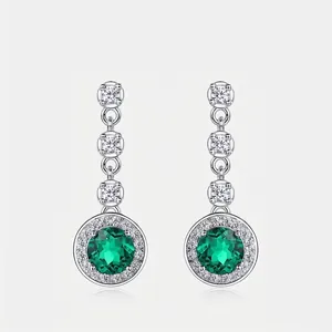 Boucles d'Oreilles Clous en Argent Sterling 925 avec Émeraude de Laboratoire Rondes Pierres Vertes et Zirconia pour Femme Bijoux de Luxe