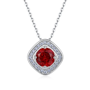 Luxury S925 silver necklace featuring a square halo lab-grown ruby pendant on white background