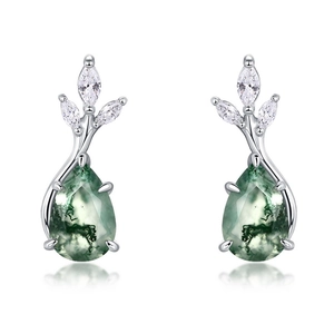 925 silver moss agate earrings featuring pear-shaped green stones and marquise accents