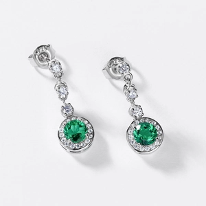 Boucles d'oreilles pendantes en argent S925 avec émeraude ronde de culture et zircons