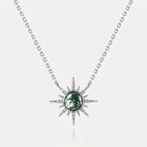 S925 Sterling Silver Moss Agate Sunburst Pendant Necklace Elegant Geometric Natural Stone Rhinestone Jewelry For Women Gift