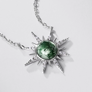 S925 silver sun pendant necklace with natural green moss agate and zircon stones