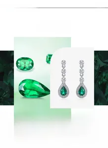 Macro detail of pear-cut emerald drop earrings featuring sparkling white zircon accents