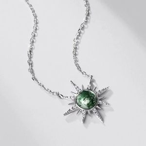 S925 silver sunburst necklace with green moss agate pendant and sparkling crystals