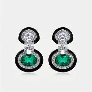 Vintage Art Deco Lab-Grown Emerald Stud Earrings 925 Sterling Silver Black Enamel Inlaid Rhinestone Jewelry For Women