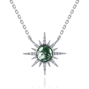 Elegant 925 sterling silver sunburst pendant necklace with natural green moss agate stone