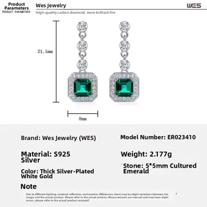 Detail chart of 925 silver emerald earrings showing 21.5x8mm size and material specs