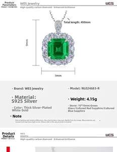 Détails du collier en argent S925 avec pendentif carré en pierre verte de 10x10mm